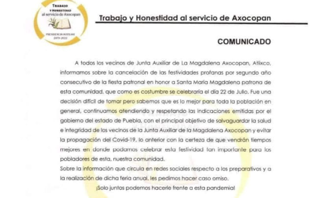 Cancelan definitivamente tres fiestas patronales en Atlixco