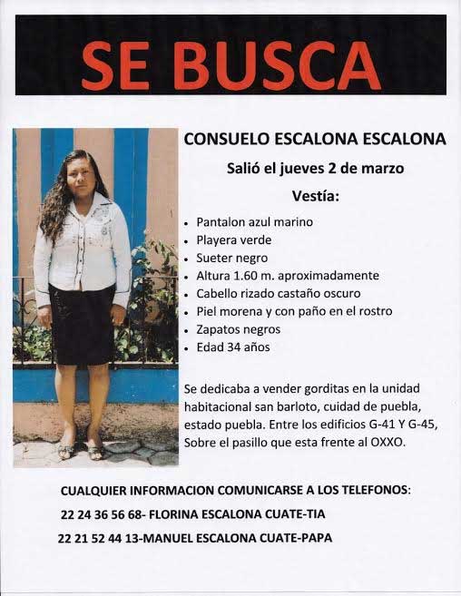 Buscan a mujer quien desapareció en San Bartolo, en Puebla