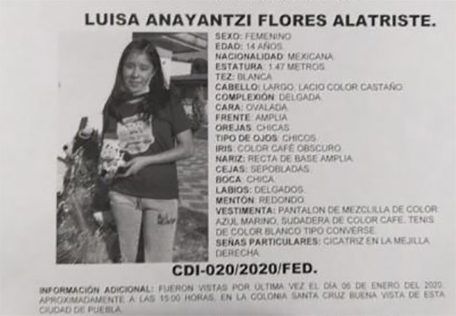 Luisa salió del internado en Puebla y ahora está desaparecida