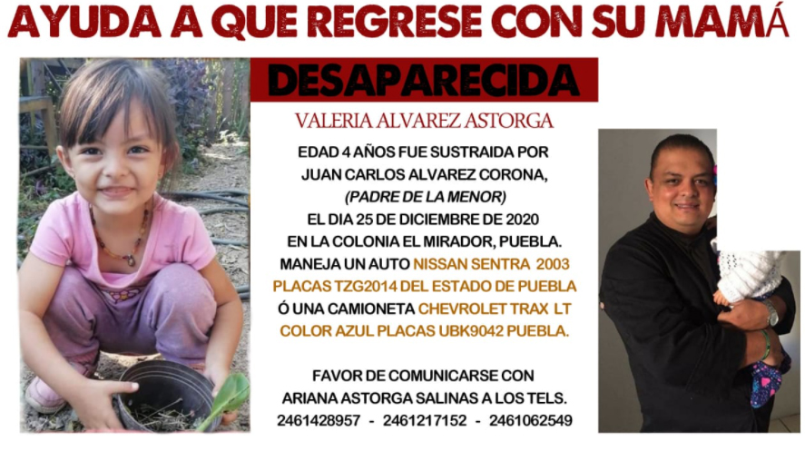 Su padre sustrajo a Valeria Álvarez Astorga en Puebla