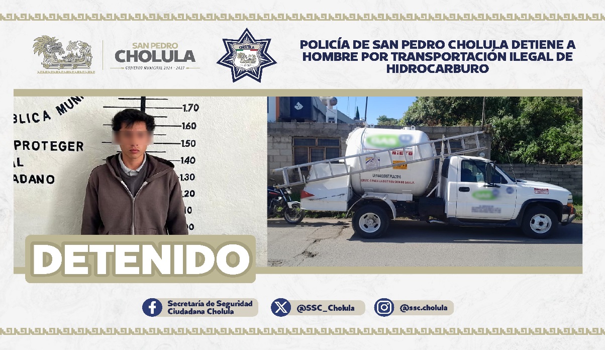 Lo detienen en San Pedro Cholula con 500 litros de hidrocarburo