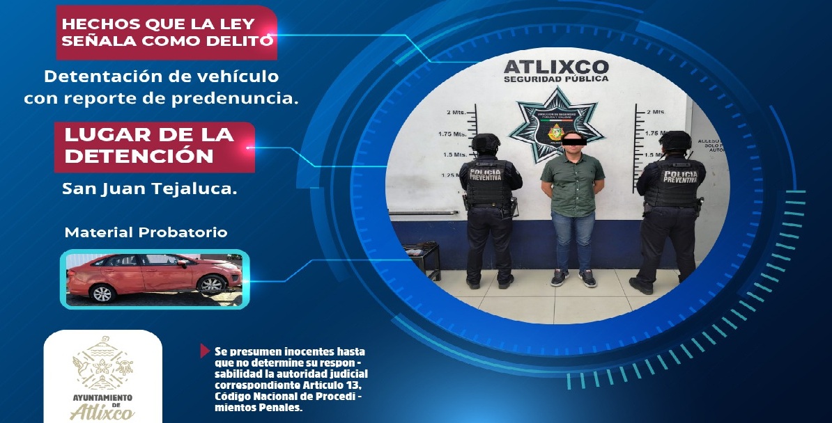 Atlixco recupera vehículo con reporte de predenuncia; hay un detenido