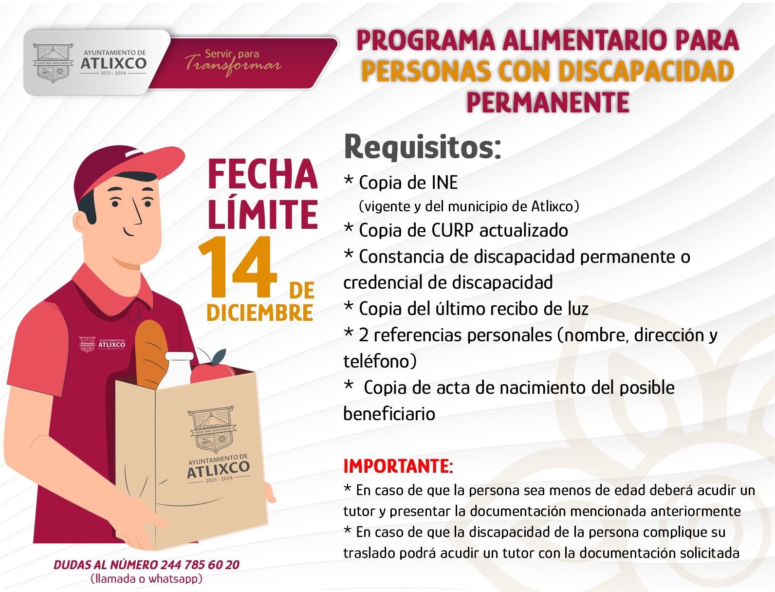 En Atlixco invitan al programa alimentario para personas con discapacidad o cáncer 