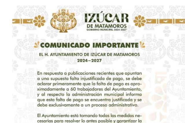 Ayuntamiento de Izúcar responde a denuncias de impagos