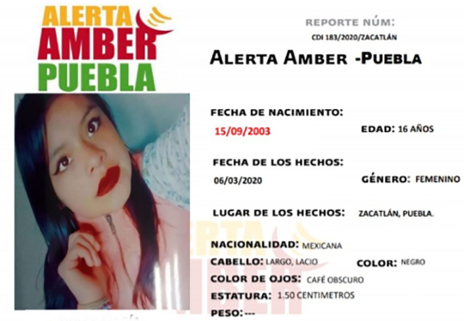 Desaparece Dulce María en Zacatlán y activan Alerta Amber