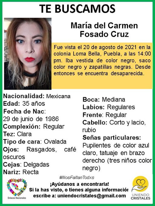 Suma más de 30 horas desaparecida la joven Carmen Fosado 