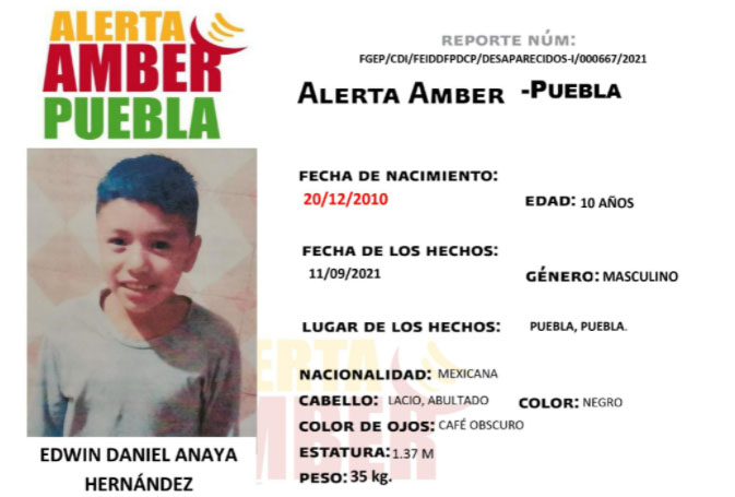 Alerta Amber para localizar a Edwin de 10 años extraviado en Puebla