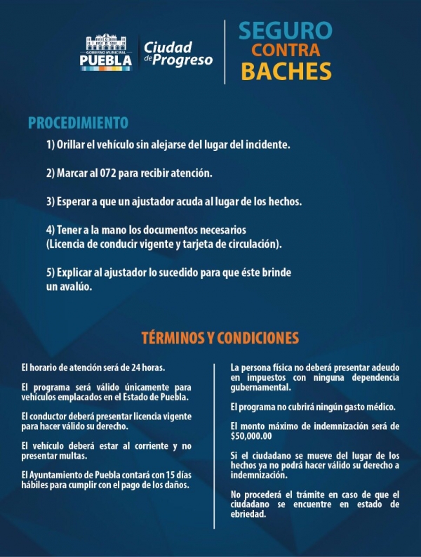 Entra en vigor el seguro contra baches en la ciudad de Puebla