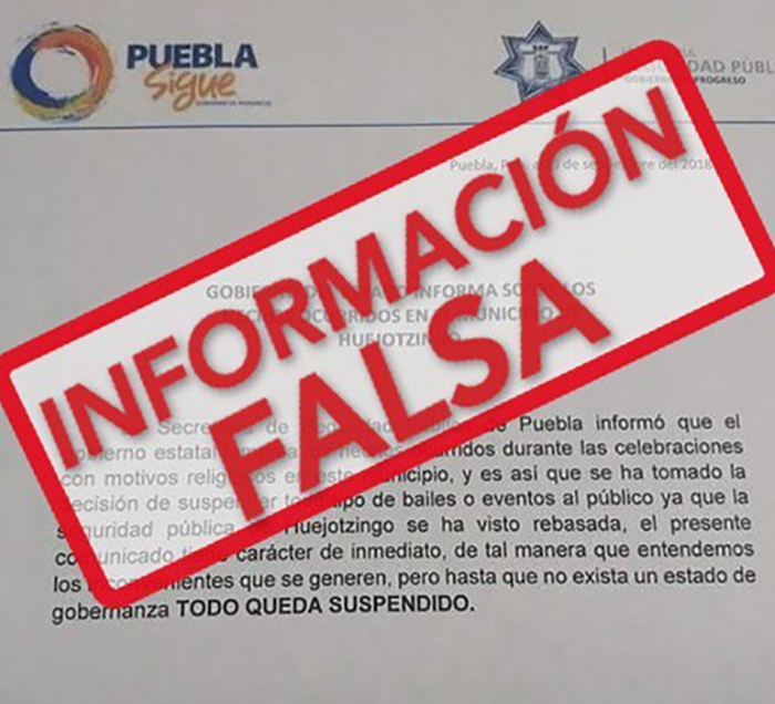 Desmiente SSP suspensión de eventos públicos en Huejotzingo