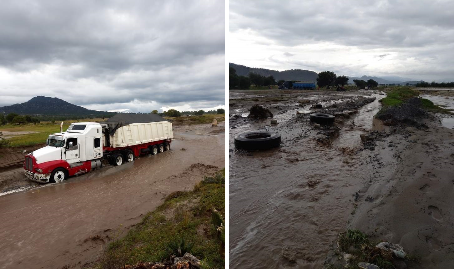 Lluvia inunda caminos y deja camiones varados en Oriental
