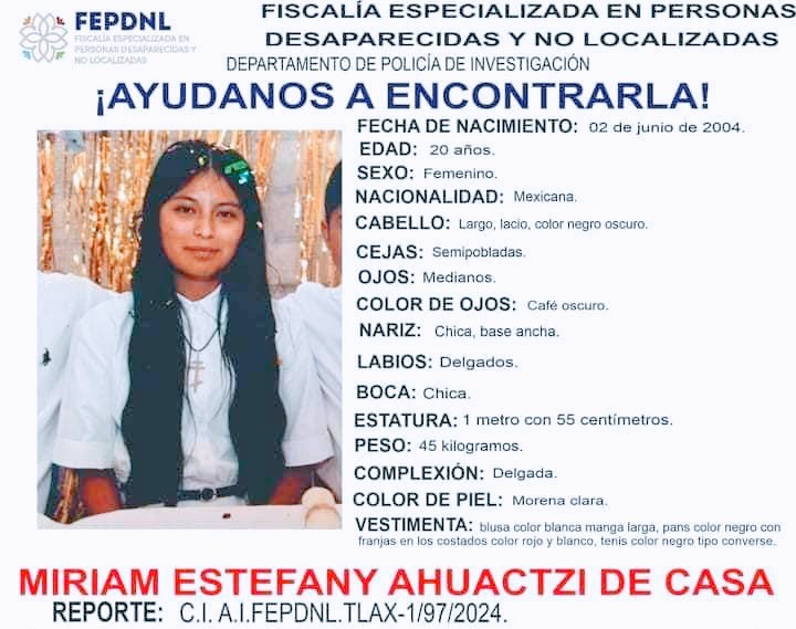 Reportan desaparición de Miriam Estefany en Santa Ana Chiautempan