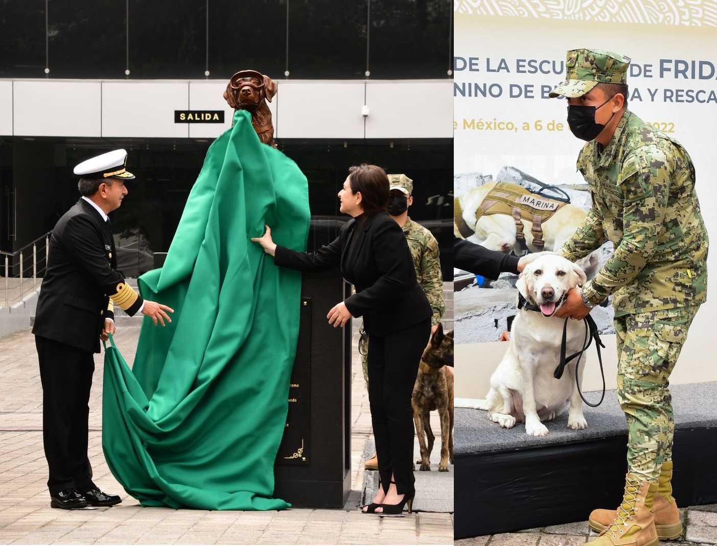 Reaparece Frida, la perrita rescatista, para develar su estatua