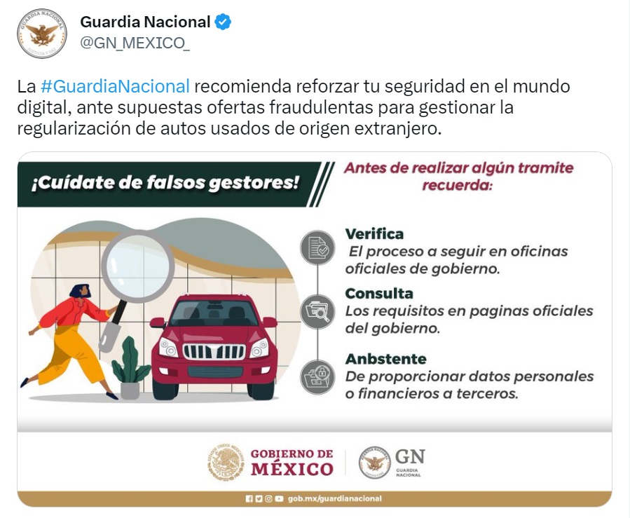 Guardia Nacional alerta por fraudes para regularizar autos chocolate