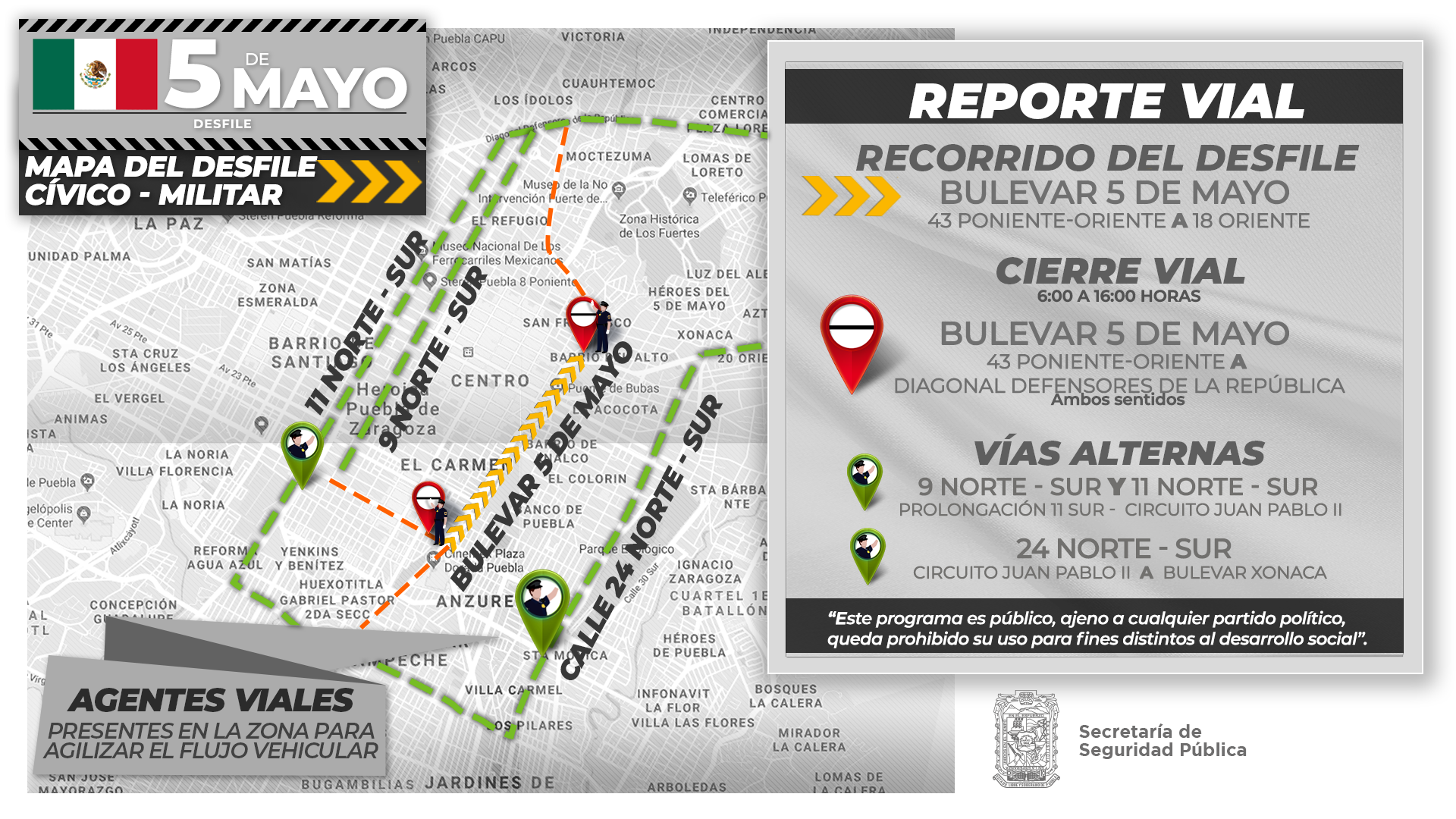 Anuncia SSP dispositivo vial para el desfile del 5 de Mayo