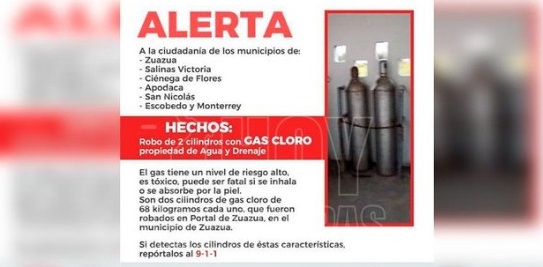 Emiten alerta en 6 estados por robo de cilindro con gas cloro