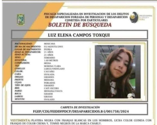 Buscan a Luz Elena de 18 años, desaparecida en San Pedro Cholula