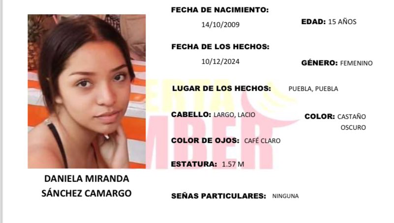 Activan Alerta Amber por la desaparición de Daniela en Puebla