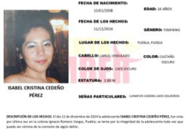 Activan Alerta Amber en Puebla para localizar a Isabel Cristina 