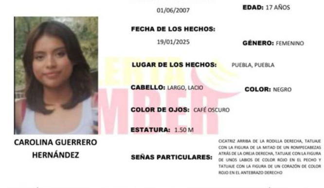 Emiten Alerta Amber en Puebla para localizar a Carolina