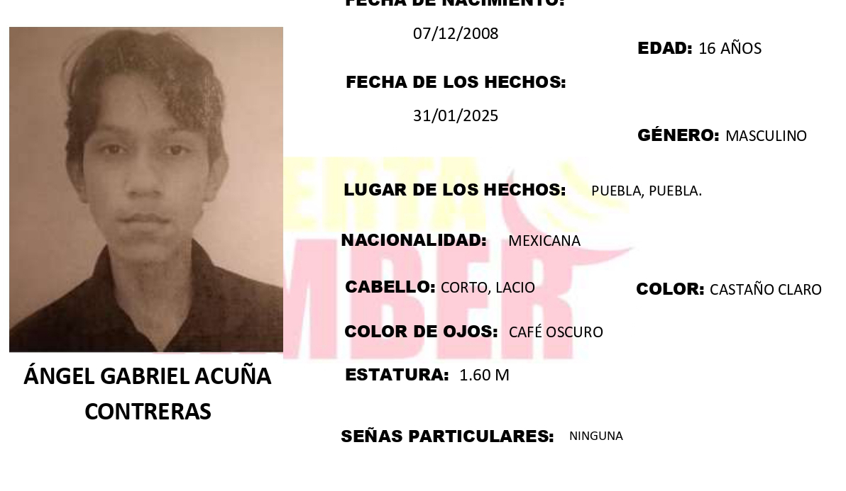 Activan Alerta Amber en Puebla por desaparición de Ángel de 16 años