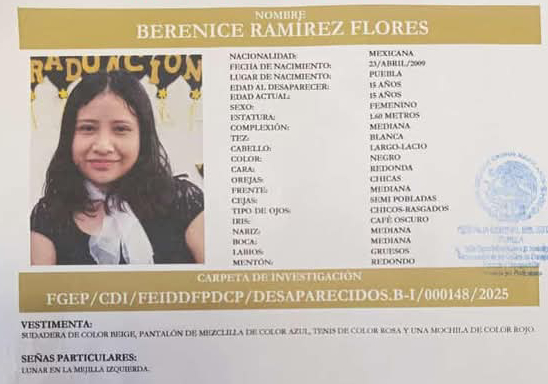 Berenice de 15 años desapareció en Puebla capital