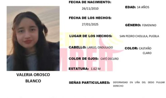 Activan Alerta Amber por desaparición de Valeria en San Pedro Cholula