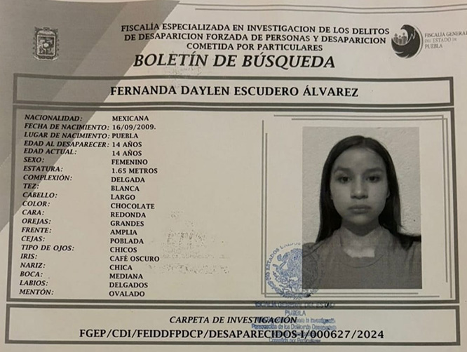Fernanda de 14 años desapareció en Plaza San Pedro en Puebla