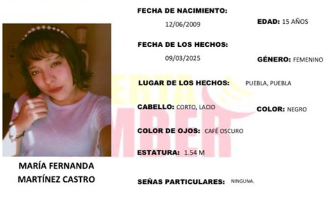 Activan Alerta Amber en Puebla para localizar a María Fernanda