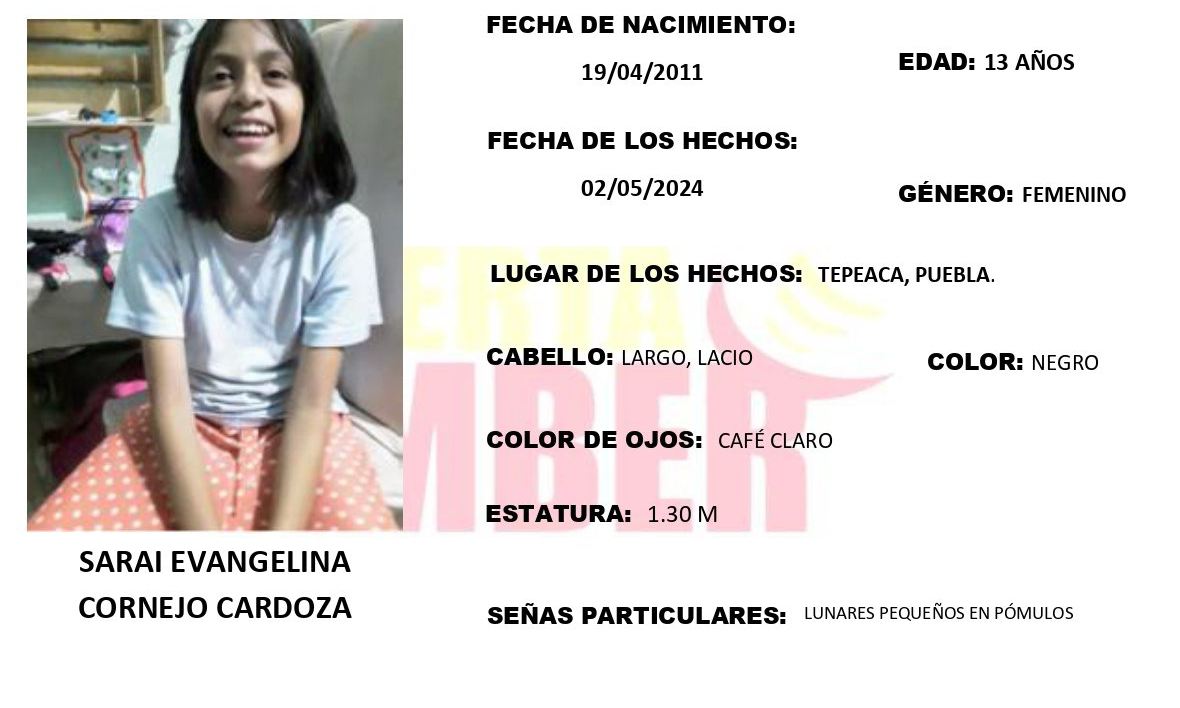 Alerta Amber tras desaparición de Sarai de 13 años en Tepeaca