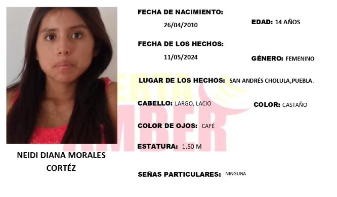 Activan Alrta Amber por Neidi de 14 años; desapareció en San Andrés Cholula
