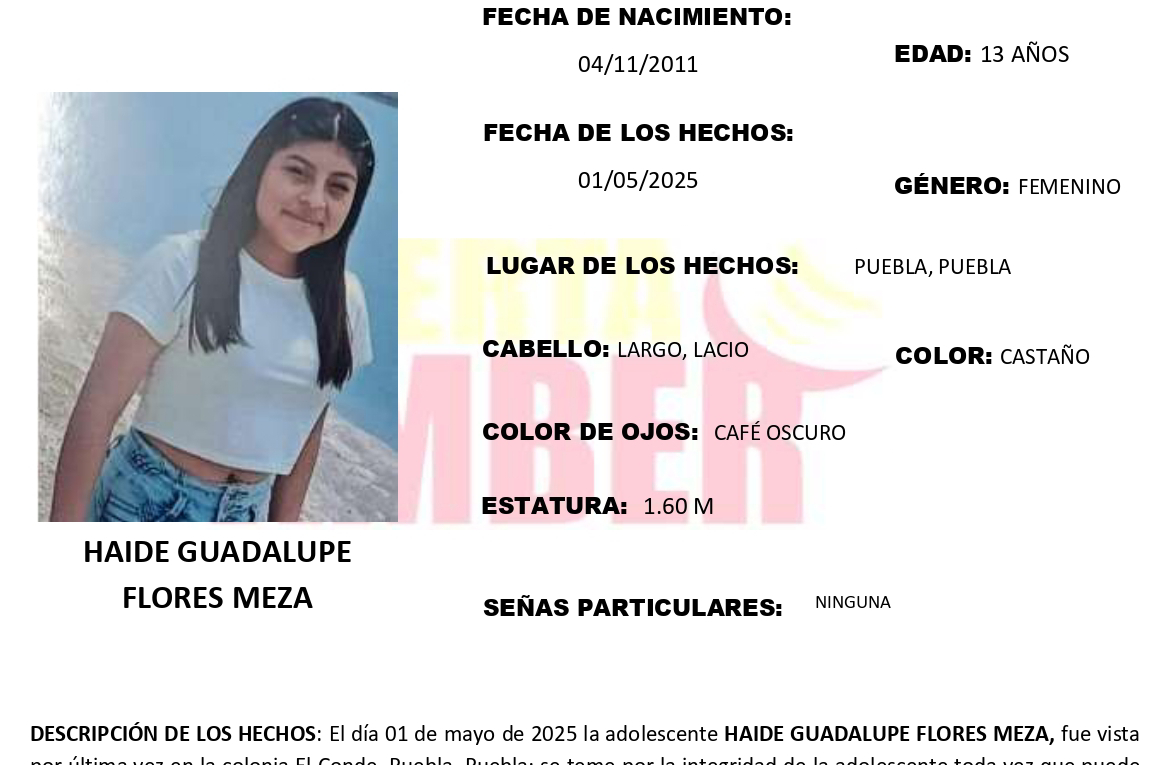 Activan Alerta Amber en Puebla para localizar a Haide Guadalupe de 13 años
