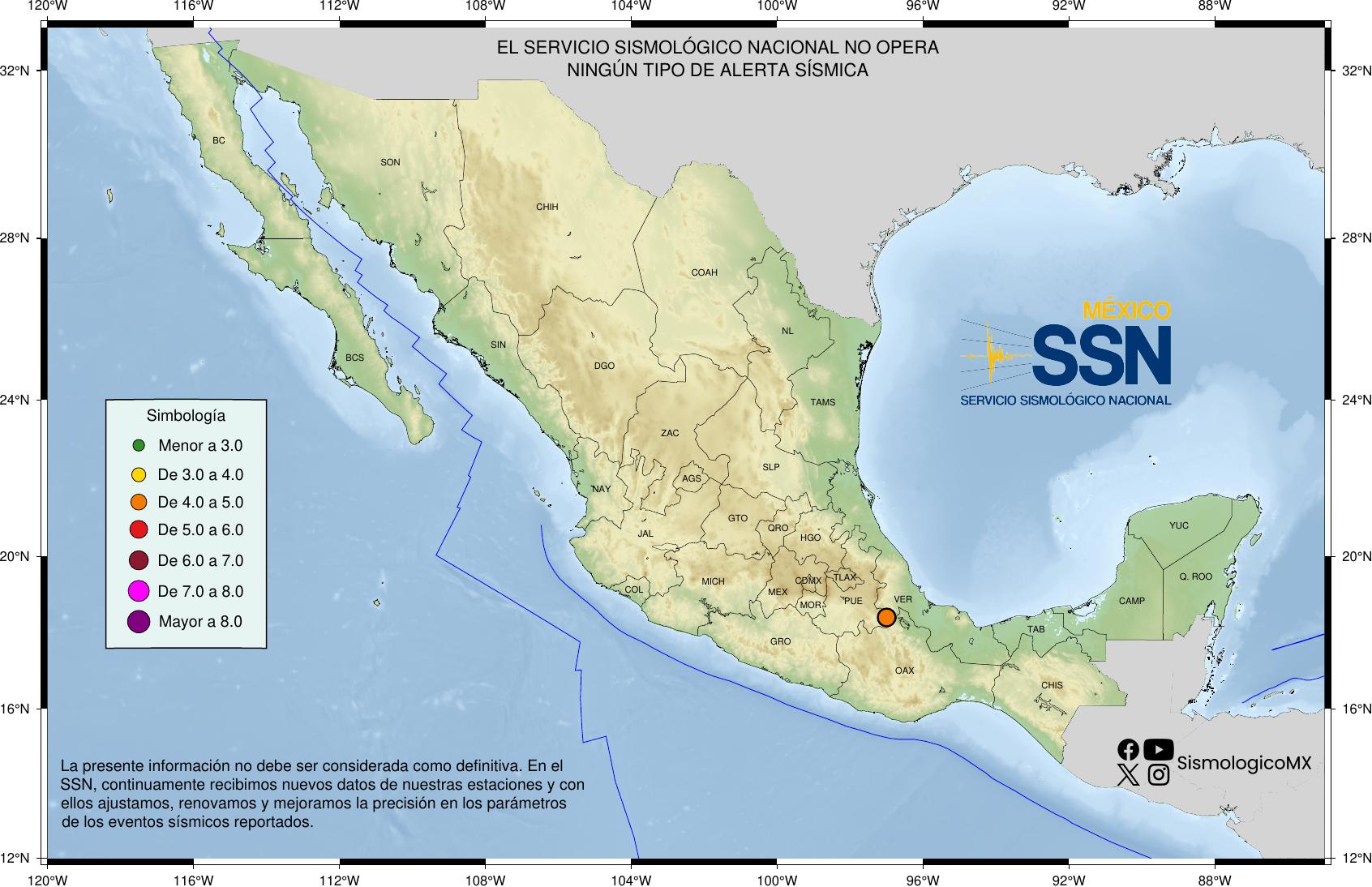 SSN registra temblor de 4 grados con epicentro en Zinacatepec