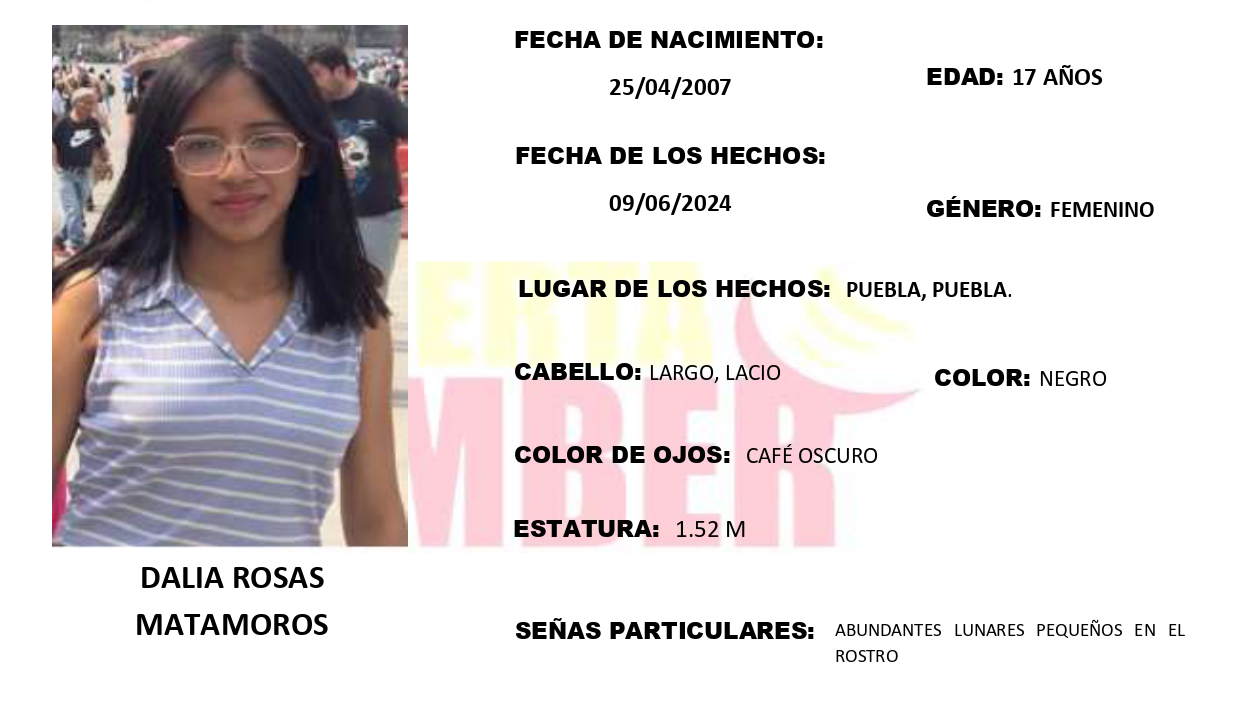 Activan Alerta Amber por Dalia; desapareció en Puebla capital