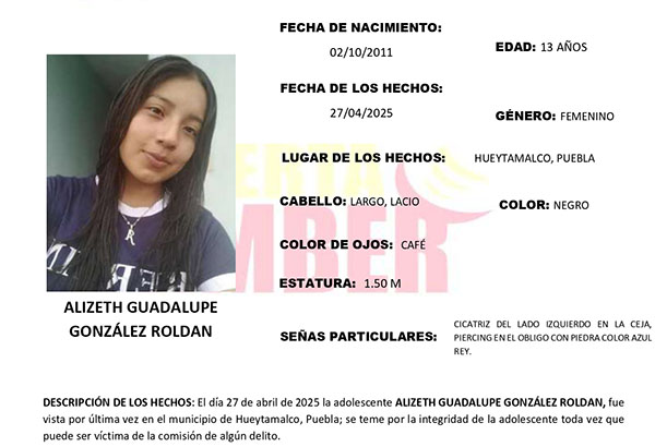 Activan Alerta Amber por desaparición de Alizeth en Hueytamalco