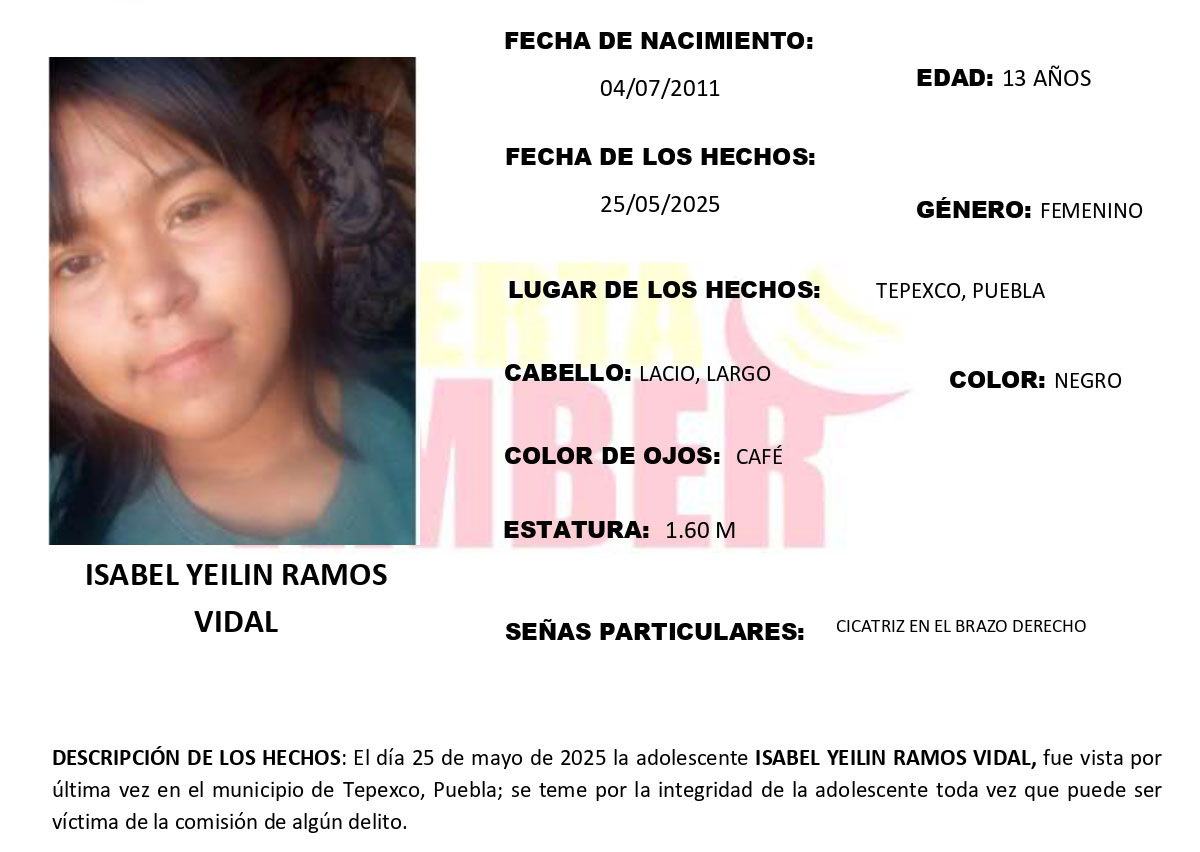 Activan Alerta Amber por desaparición de Yeilin en Tepexco
