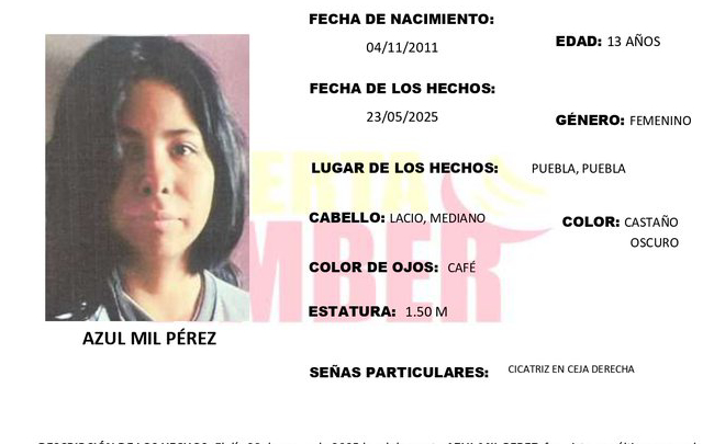 Activan la Alerta Amber por la desaparición de Azul en Puebla