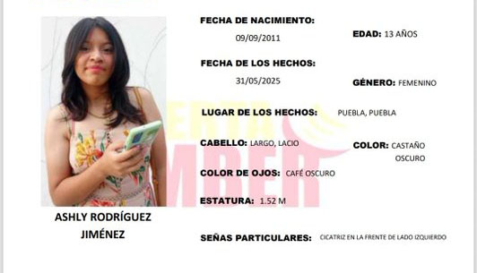 Alerta Amber en Puebla: se busca a Ashly Rodríguez Jiménez