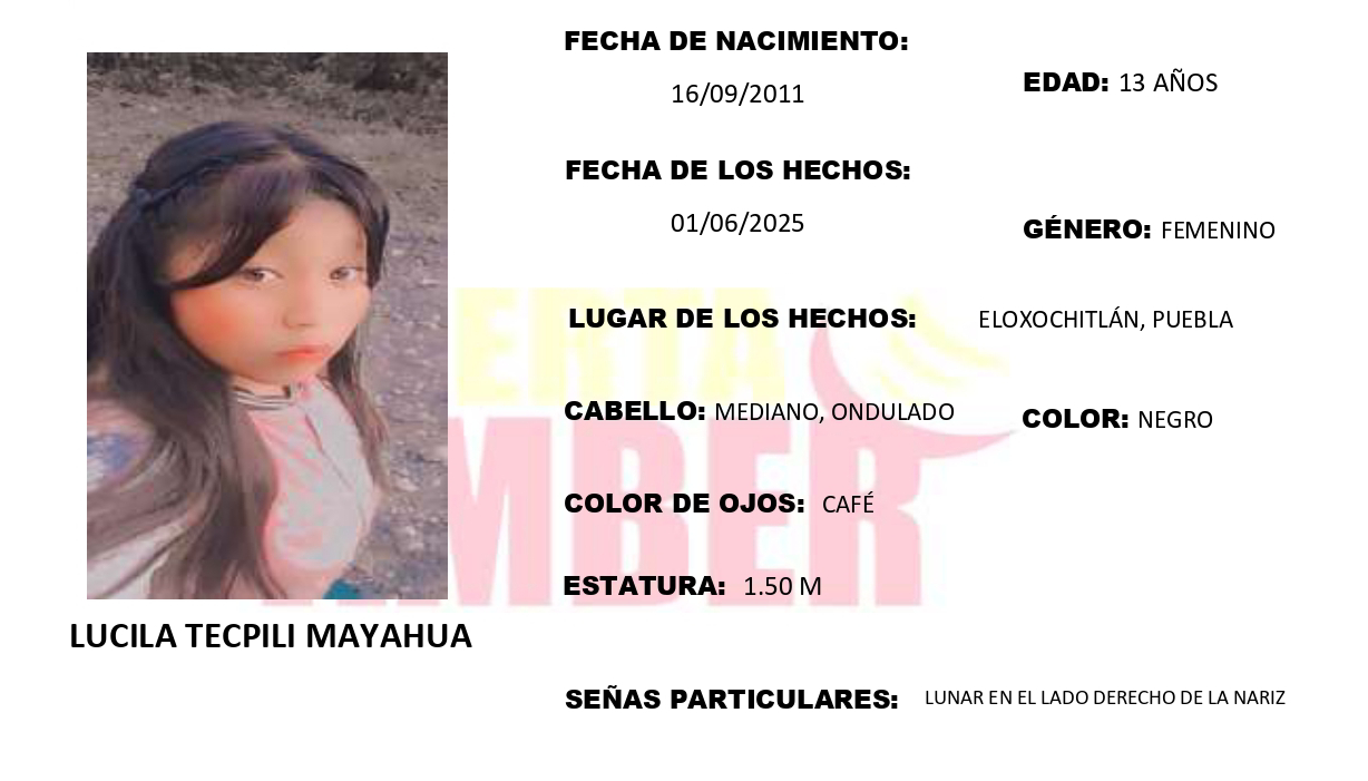 Se activa Alerta Amber en Eloxochitlán para localizar a Lucila de 13 años