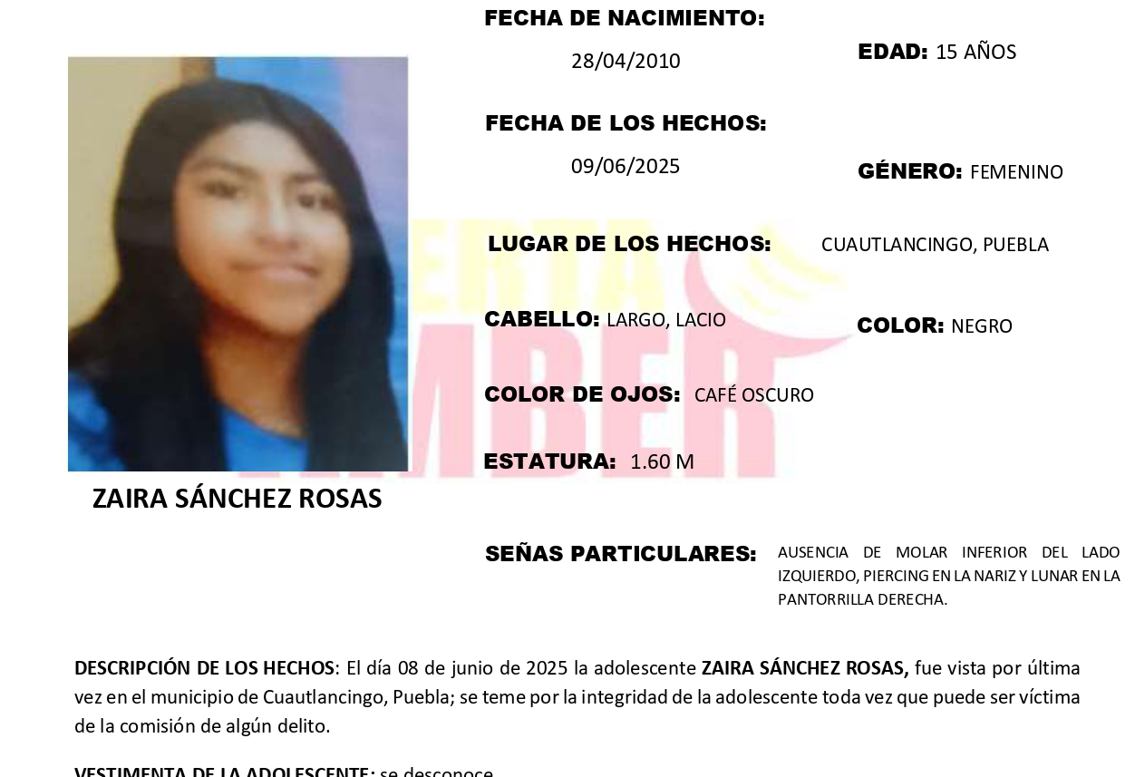 Se activa Alerta Amber por desaparición de Zaira en Cuautlancingo