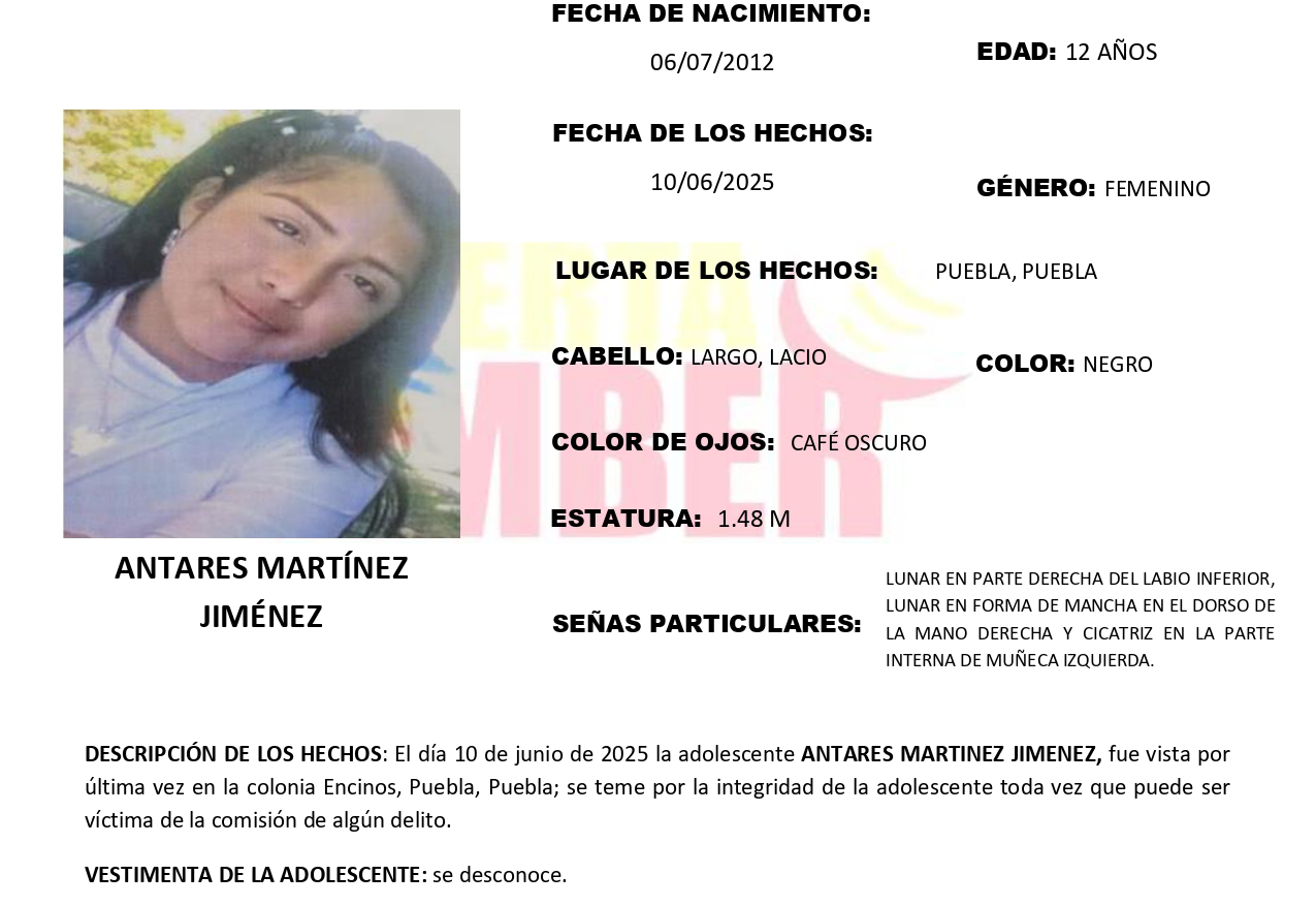 Se activa Alerta Amber en Puebla por desaparición de Antares