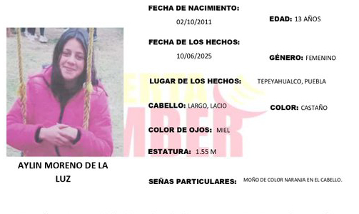 Activan Alerta Amber en Tepeyahualco para encontrar a Aylin