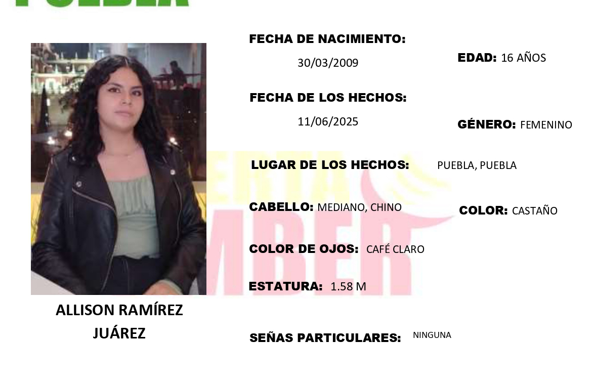 Activan Alerta Amber en Puebla por desaparición de Allison de 16 años