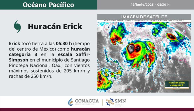 Huracán Erick toca tierra en Oaxaca como categoría 3; alertan por fuertes vientos y lluvias