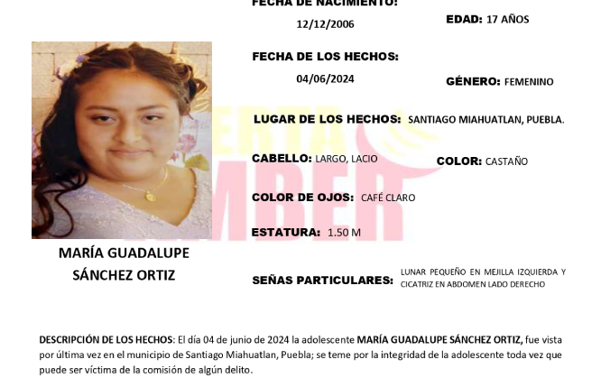 Activan Alerta Amber por desaparición de María Guadalupe en Miahuatlán