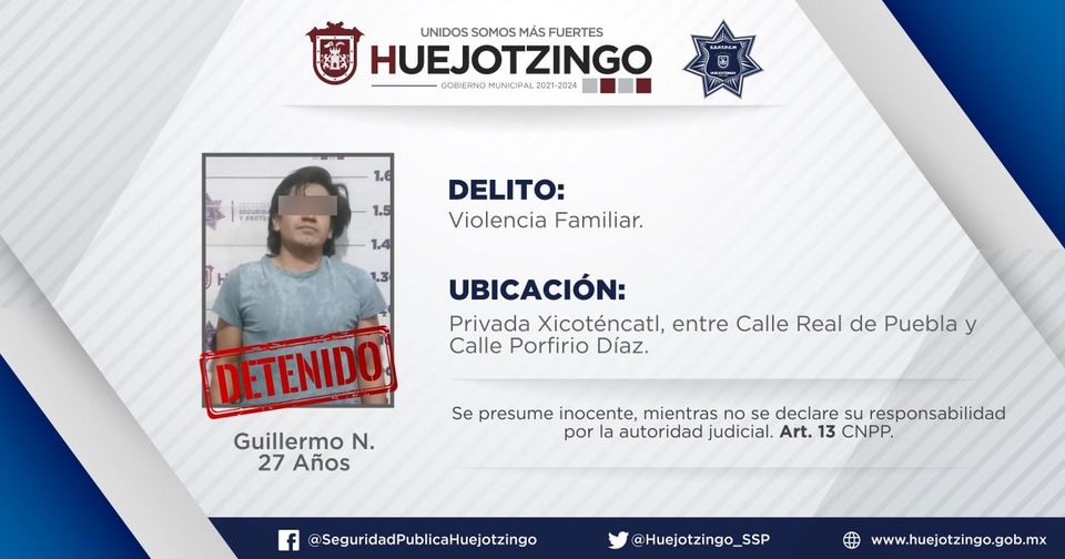 Guillermo fue detenido por agredir a una mujer en Huejotzingo