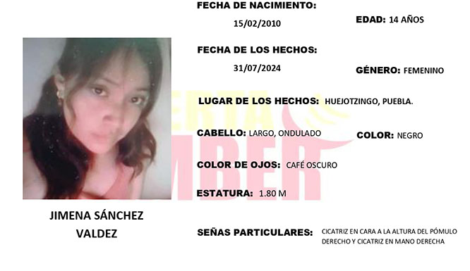 Activan Alerta Amber por Jimena der 14 años; desapareció en Huejotzingo