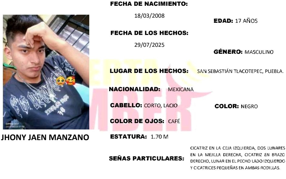 Se activa Alerta AMBER en Tlacotepec por desaparición de adolescente de 17 años
