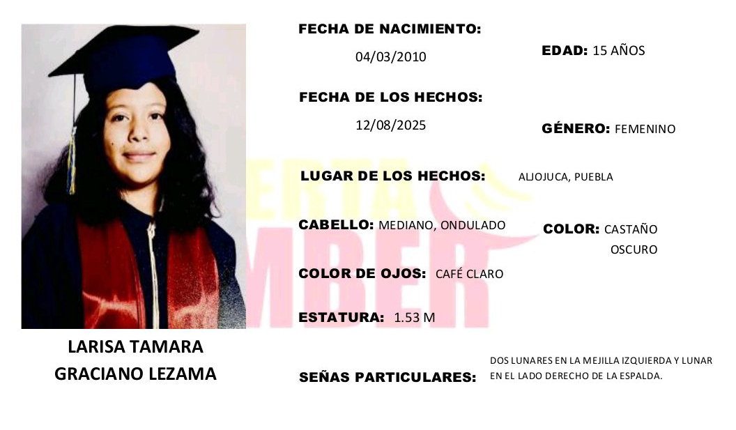 Activan Alerta Amber por desaparición de adolescente en Aljojuca