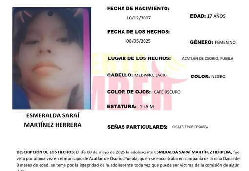 Activan Alerta Amber para localizar a Esmeralda en Acatlán de Osorio