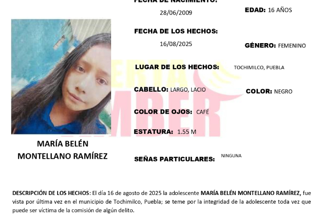 Activan Alerta Amber por desaparición de María Belén en Tochimilco